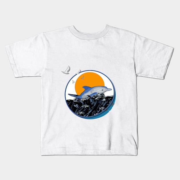 Dolphin and Birds art Kids T-Shirt by piksimp